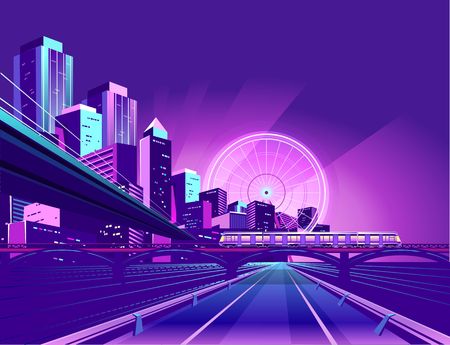 Night neon city, bridge going to skyscrapers, road inland vector horizontal illustrationのイラスト素材