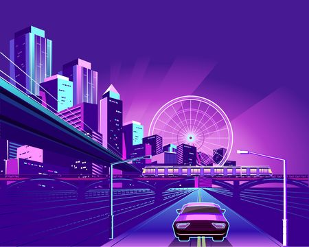 Night neon city, bridge going to skyscrapers, road inland with car, vector horizontal illustrationのイラスト素材