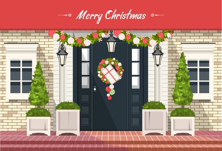 vector illustration. Christmas decorations on the front door of a residential building, a wreath of plants and garlands,のイラスト素材