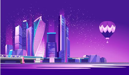 Vector neon city, night glowing business center of Moscow, skyscrapers standing on the river bank with a large bridgeのイラスト素材