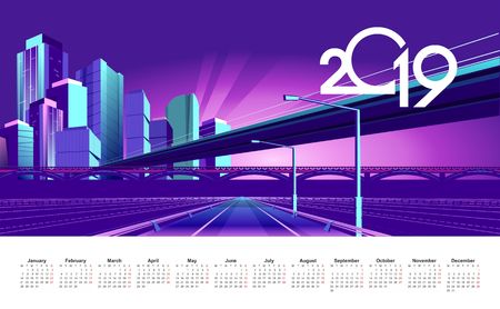 Neon night city in the light of spotlights and glowing rays, vector English calendar template 2019のイラスト素材