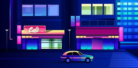 vector illustration, night neon city, street with luminous signs and a cafe with shop windowsのイラスト素材