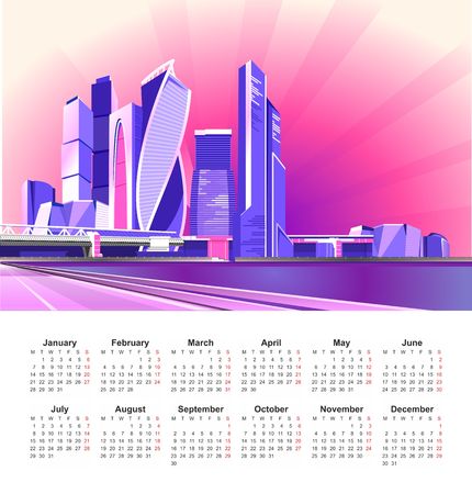 neon night Moscow city in the light of searchlights and glowing rays, vector English calendar template 2019のイラスト素材