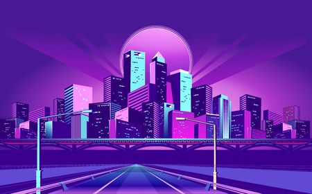 Night neon city, bridge going to skyscrapers, road inland with , vector horizontal illustrationのイラスト素材