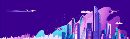 Landing page for a website about city life, social communication, concept, cityscape of a business...