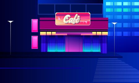 vector illustration, night neon city, street with luminous signs and a cafe with shop windowsのイラスト素材