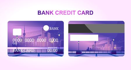 Bank credit card for a company or individual, featuring the Chinese city of Shanghai lit by neon lights. Two sides of the card front and backのイラスト素材