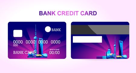 Bank credit card for a company or individual, featuring the Chinese city of Shanghai lit by neon lights. Two sides of the card front and backのイラスト素材