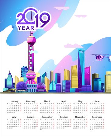 vector vertical illustration of a 2019 calendar template, in English with the image of the Chinese city of Shanghai on an abstract white background and different bright colorsのイラスト素材