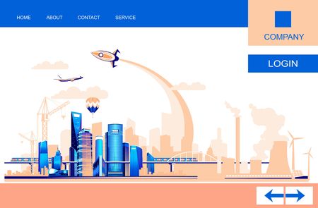 Landing vector illustration of the smart Chinese city of Shanghai, infrastructure, construction, transportation, urban buildings, skyscrapers and silhouettes of factories, launch of space rockets and industryのイラスト素材