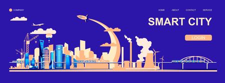 Landing vector illustration of the smart Chinese city of Shanghai, infrastructure, construction, transportation, urban buildings, skyscrapers and silhouettes of factories, launch of space rockets and industryのイラスト素材