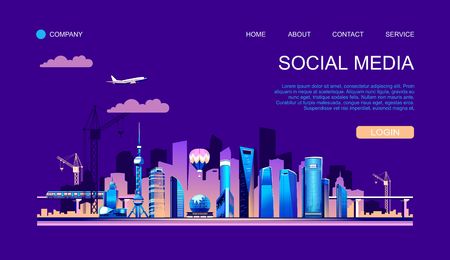 Landing vector illustration of the smart Chinese city of Shanghai, infrastructure, construction, transportation, urban buildings, skyscrapers and silhouettes of factories, launch of space rockets and industryのイラスト素材