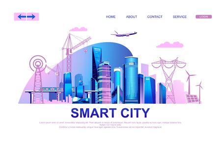 Vector illustration of a conceptual horizontal advertising banner with modern houses of a big city, infrastructure, transport and all communications, landing page,のイラスト素材