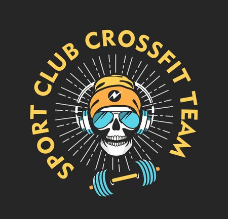 vector illustration of the brutal emblem of a sports team for a crossfit human skull with sport shells black background. Black backgroundのイラスト素材