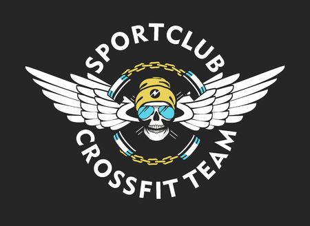 vector illustration of the brutal emblem of a sports team for a crossfit human skull with sport shells. Black backgroundのイラスト素材