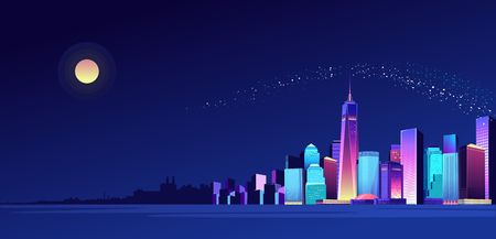 Vector illustration of a panorama of a large night city illuminated by neon lights. Modern buildings and skyscrapers on the waterfront, urban landscapeのイラスト素材