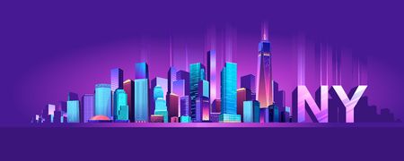 Vector illustration of a panorama of a large night city illuminated by neon lights. Modern buildings and skyscrapers on the waterfront, urban landscapeのイラスト素材
