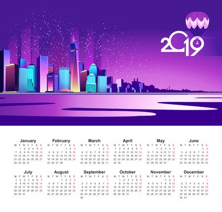 2019 calendar in English, abstract neon city on the embankment is lit with bright lights, urban landscapeのイラスト素材
