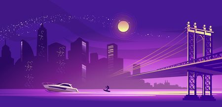 vector horizontal illustration of a silhouette of a night misty city, lit by lights and moonlight, a bridge connecting two districts across a canal, a boat with a man on a water ski floats along a riverのイラスト素材
