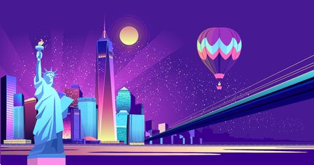 Vector horizontal illustration of the Statue of Liberty on the background of a night American city, illuminated by neon lights, a bridge is held across the canal on the sky flying a balloonのイラスト素材