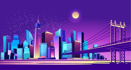 vector horizontal illustration of night cityscape through the canal passes a huge bridge connecting two districts of the city, exposed to moonlightのイラスト素材