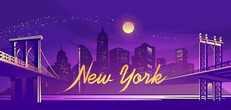 vector horizontal illustration of a silhouette of a night fog city, lit by lights and moonlight, two bridges led to the other sideのイラスト素材