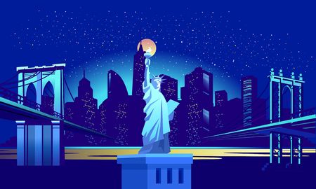 Vector horizontal illustration of the Statue of Liberty on the background of the night American city, illuminated by neon lights, across the canal to the area held a bridgeのイラスト素材