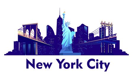 vector cartoon emblem of american city new york, statue of liberty on a background of skyscrapers isolated on white background, blue colorのイラスト素材