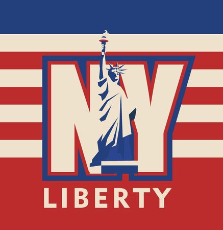 Ilustración de vector cartoon emblem of the american city of new york, statue of liberty on the background of the abbreviation of letters NY on the background of the national flag - Imagen libre de derechos