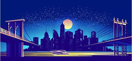 vector horizontal illustration cartoon, silhouette of a night city on the river bank or seashore, two bridges to the city center on the water sailing yacht night swimmingのイラスト素材