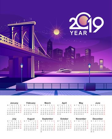Vector illustration, vertical calendar 2019, night city illuminated by neon lights America New Yorkのイラスト素材