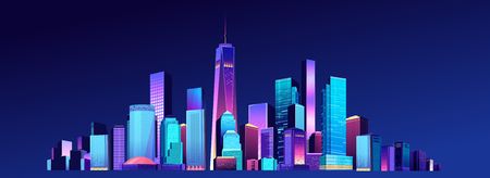 Vector illustration of a panorama of a large night city illuminated by neon lights. Modern buildings and skyscrapers on the waterfront, urban landscapeのイラスト素材