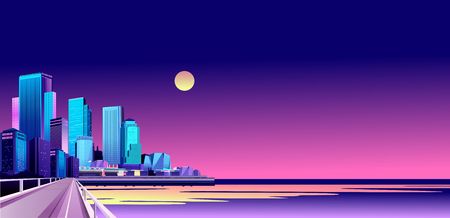 vector horizontal illustration of night city landscape on the seashore lit by lights and setting sun, airships fly in the sky above the waterのイラスト素材