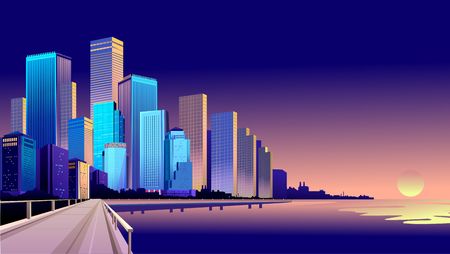 Vector illustration of a panorama of a large night city illuminated by neon lights. Modern buildings and skyscrapers on the waterfront, urban landscapeのイラスト素材