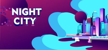 Vector illustration, Horizontal conceptual banner for a web site, Futuristic city on the bay, modern buildings with neon lights skyscrapers, Nightのイラスト素材