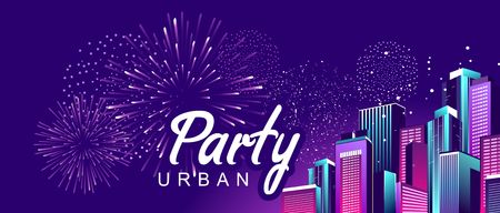 Festive banner, vector illustration. Night city highlighted by neon lights. Horizontal congratulatory poster, greeting cards, headers for web site.のイラスト素材