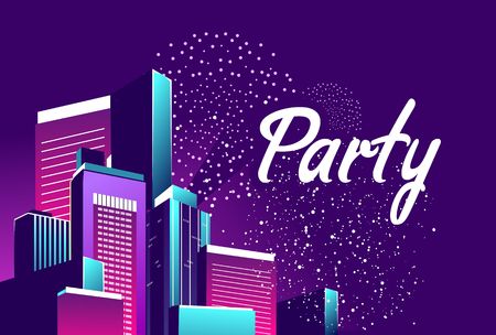 vector illustration night city illuminated by neon lights and fireworks, poster city partyのイラスト素材