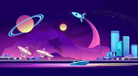 Vector horizontal illustration. Scientific space base on the background of mountains, another...