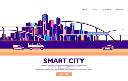 vector horizontal conceptual illustration of a cityscape banner with freeways and roads moving vehicles template for a landing pageのイラスト素材