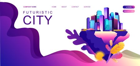Vector horizontal illustration. Abstract landing page banner on the Internet for your use. Fantastic city.のイラスト素材