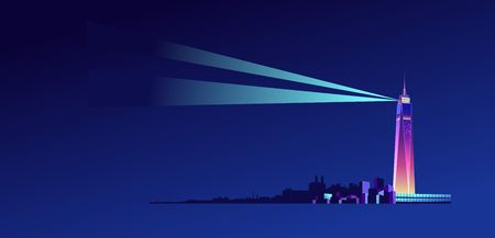 vector illustration, seascape, part of the coast, rocky terrain, buildings with a high tower a beacon, providing light rays for navigation, night lighthouseのイラスト素材