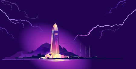 horizontal vector illustration, conceptual banner, night lighthouse beam points to dangerous areas, for safe navigation of passing ships bad weather, storm, lightningのイラスト素材