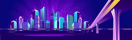 Vector horizontal banner illustration, night city, illuminated by neon lights, panoramic urban landscape, in purple colors,のイラスト素材
