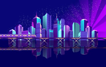 The futuristic night city is illuminated by neon lights and luminous rays, on the coast of the gulf there is a railway bridge and train. Vector illustrationのイラスト素材