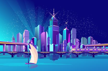 The futuristic night city is illuminated by neon lights and luminous rays, on the coast of the gulf there is a railway bridge and train. Vector illustrationのイラスト素材
