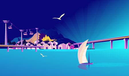 A small fishing village, a tourist town on a rocky shore, with bridges and a cable car, in blue colors. Vector horizontal illustration.のイラスト素材