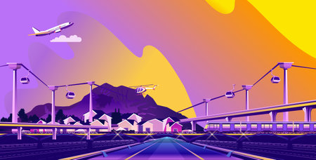 A tourist town in a picturesque coast, with bridges and a cable car, flies an airplane. Vector...