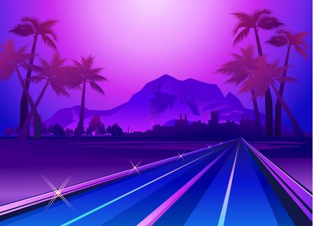 Exotic paradise landscape in violet colors with palm trees and mountains, road leading deep into the vector illustrationのイラスト素材