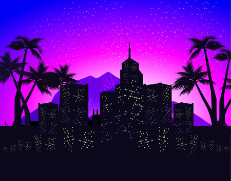 Exotic Hawaiian landscape black silhouettes of the city with luminous windows, retro style, vector...