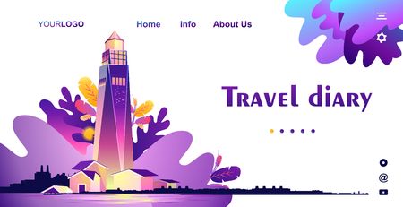 vector background, abstract banner for internet start page, nautical theme, travel diary building of a lighthouse with a illuminated tropical leaves on a white backgroundのイラスト素材